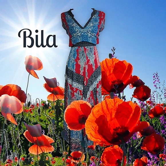 Bila V-Neck Sleeveless Empire Waist Full Circle Cut Handkerchief Hem Maxi  Dress